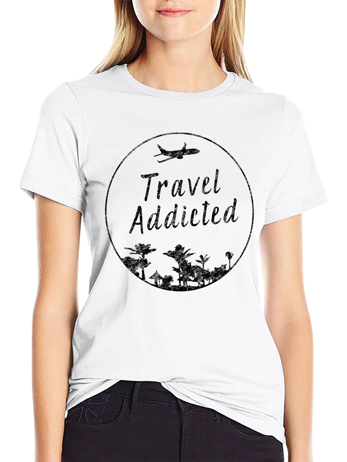 Travel Addicted Graphic Print Crew Neck Tee