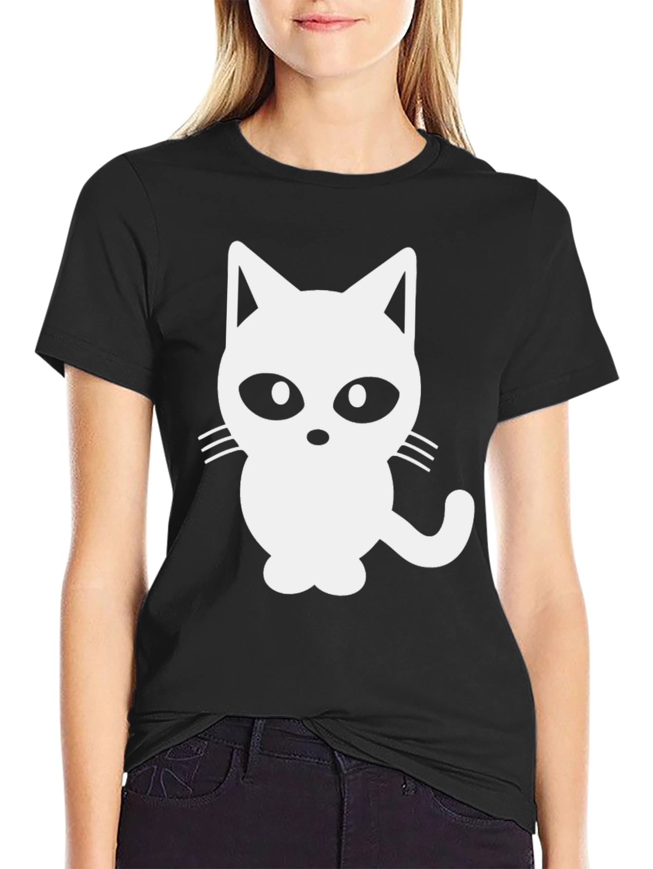 Black T-Shirt with White Cat Graphic