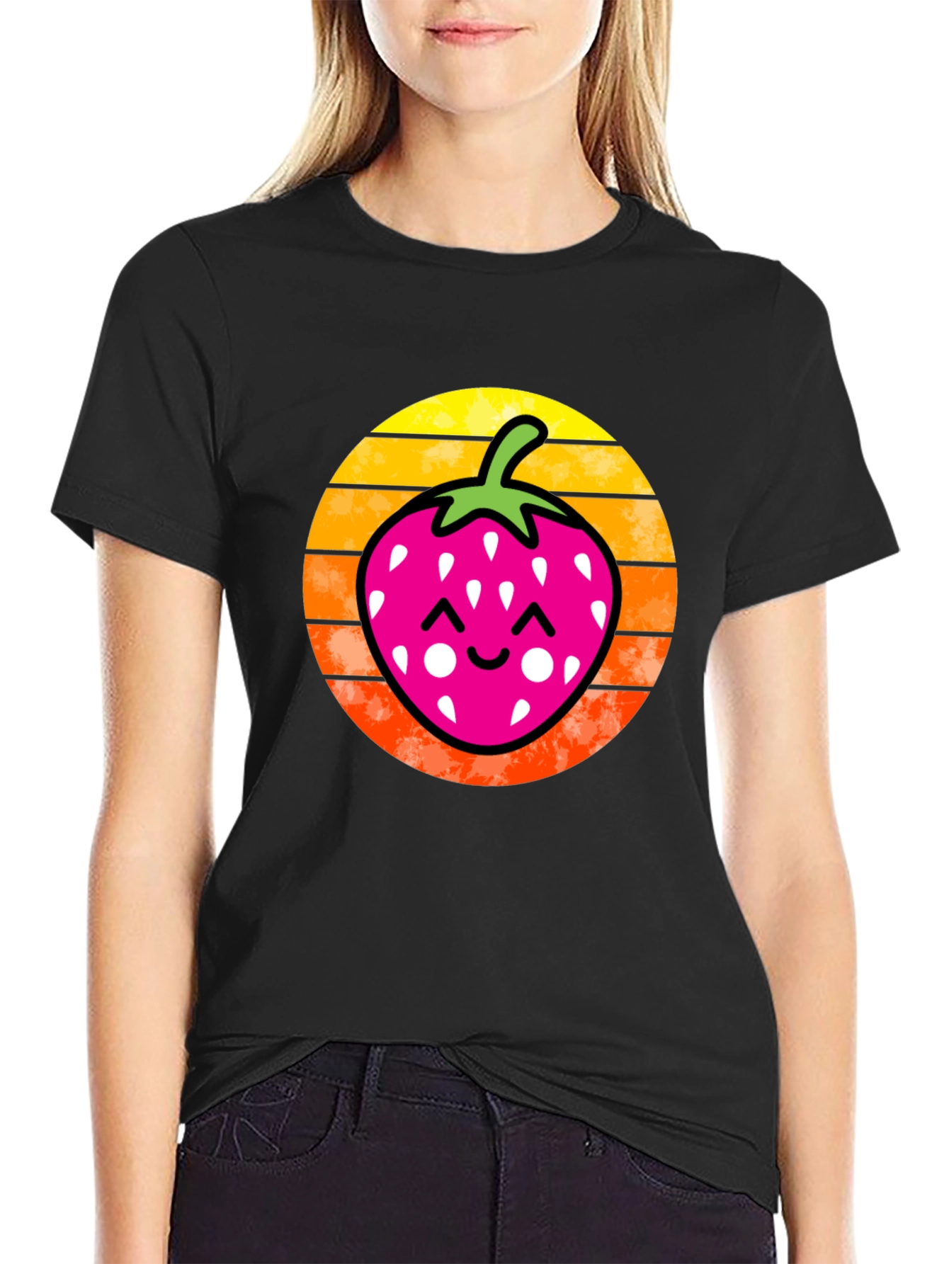 Strawberry Sunset Graphic Tee - Black Cotton Shirt