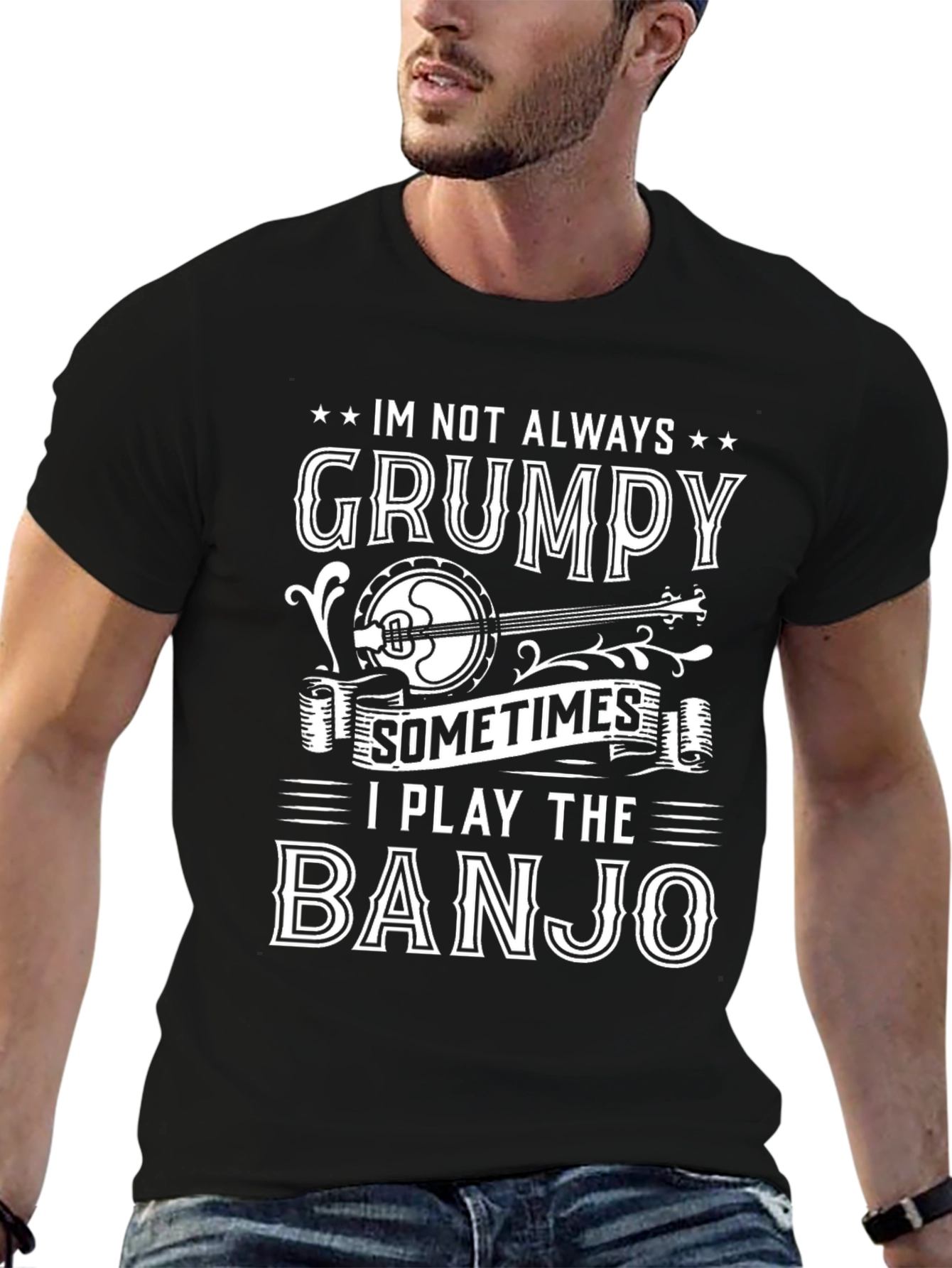 Grumpy Banjo Player Graphic Tee - Black T-Shirt