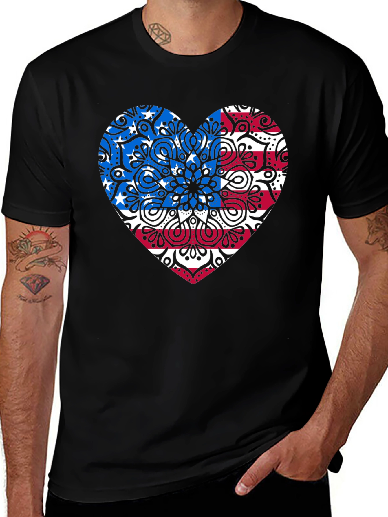 Patriotic Heart Mandala Graphic Tee - USA Pride Shirt