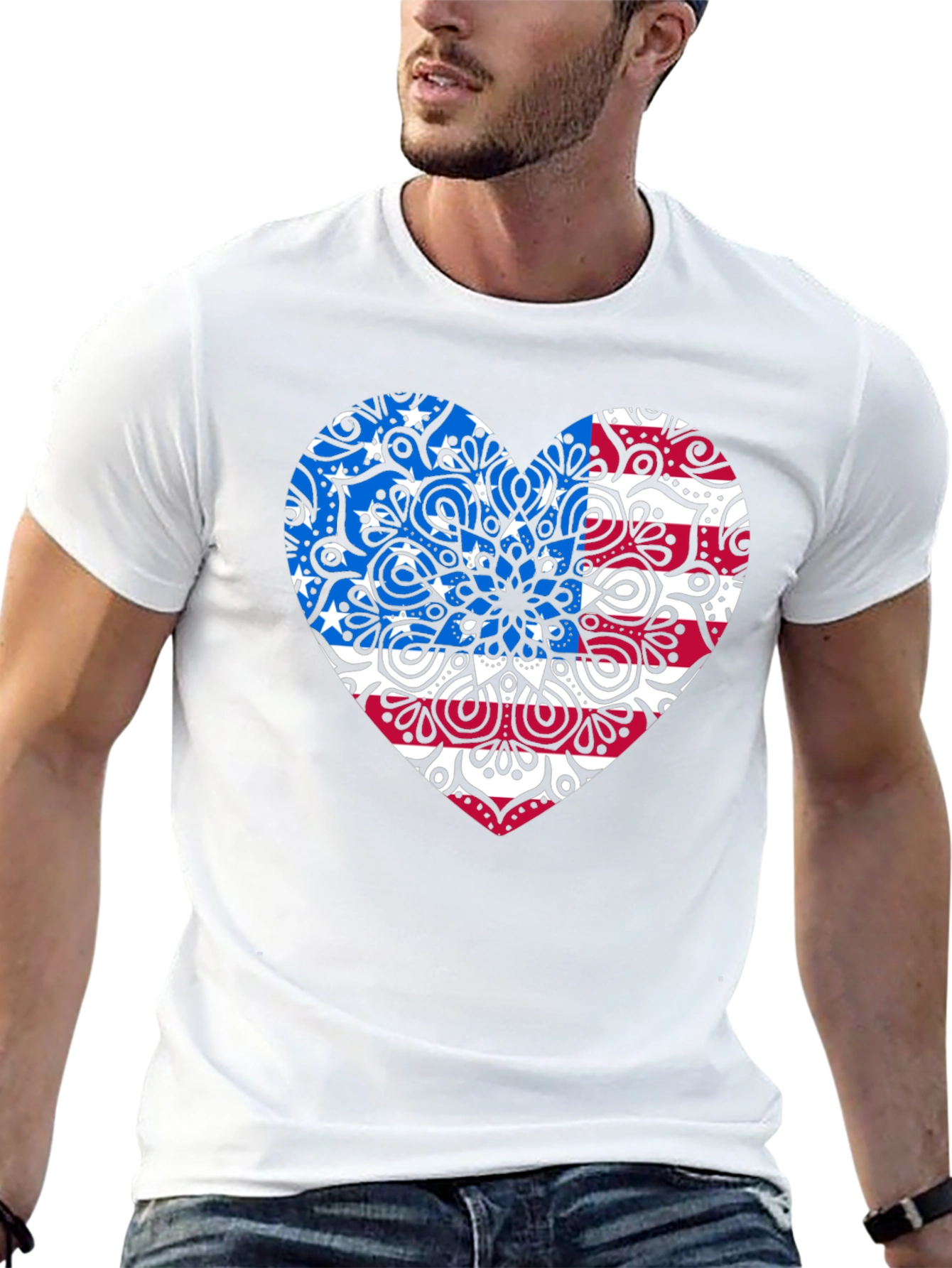 Patriotic Heart Mandala Graphic Tee - USA Pride Shirt