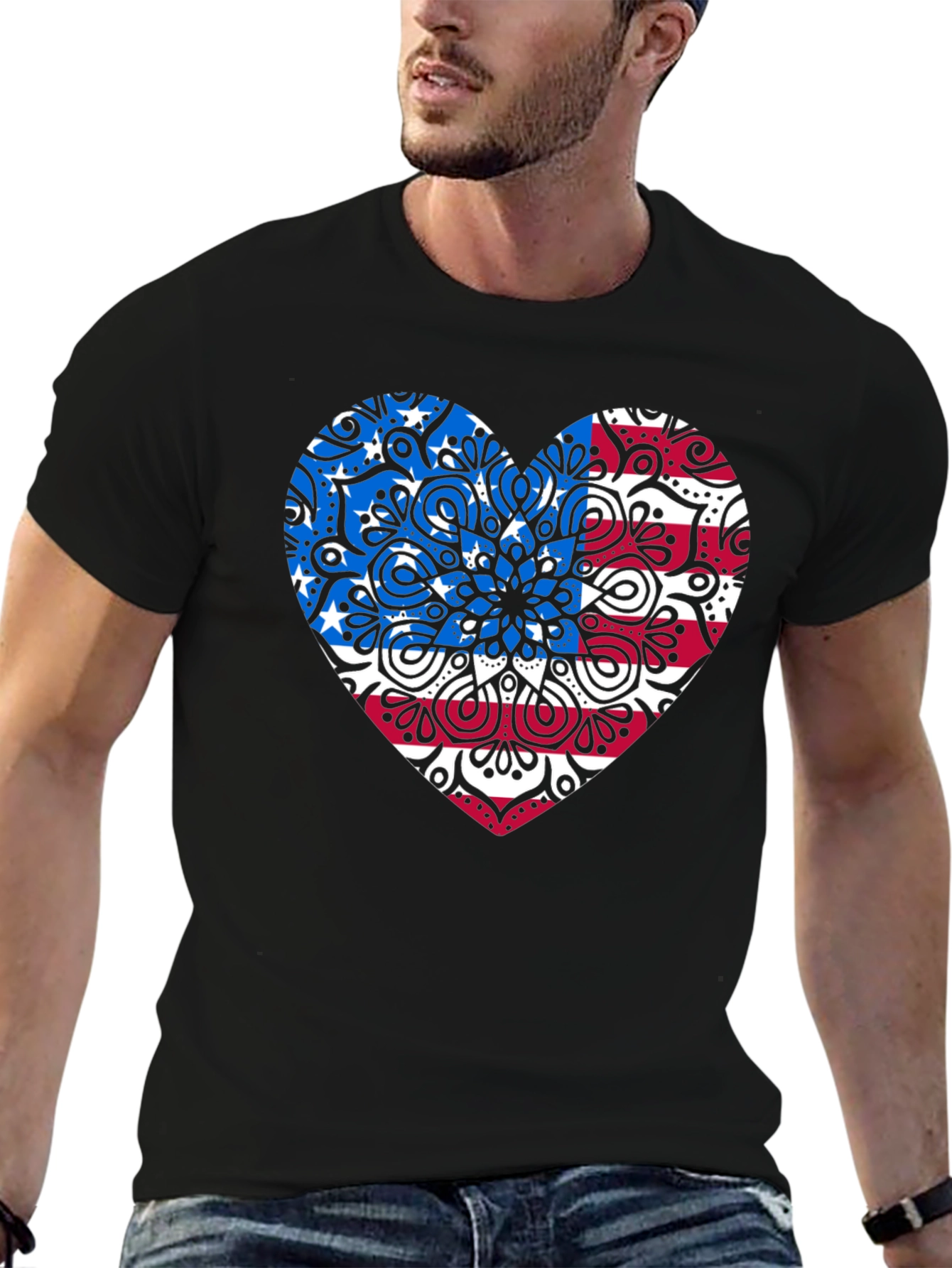 Patriotic Heart Mandala Graphic Tee - USA Pride Shirt