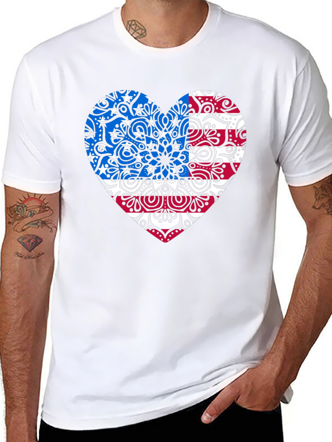 Patriotic Heart Mandala Graphic Tee - USA Pride Shirt