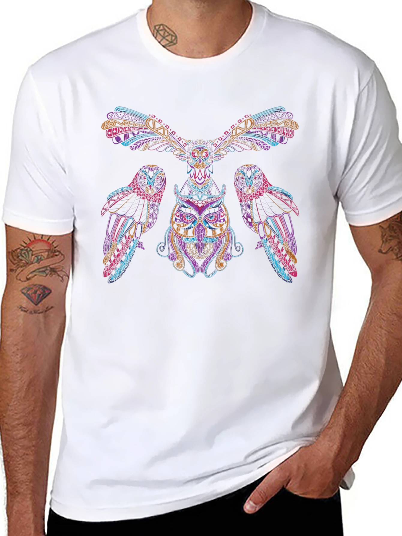 Vibrant Owl Graphic Print Black T-Shirt