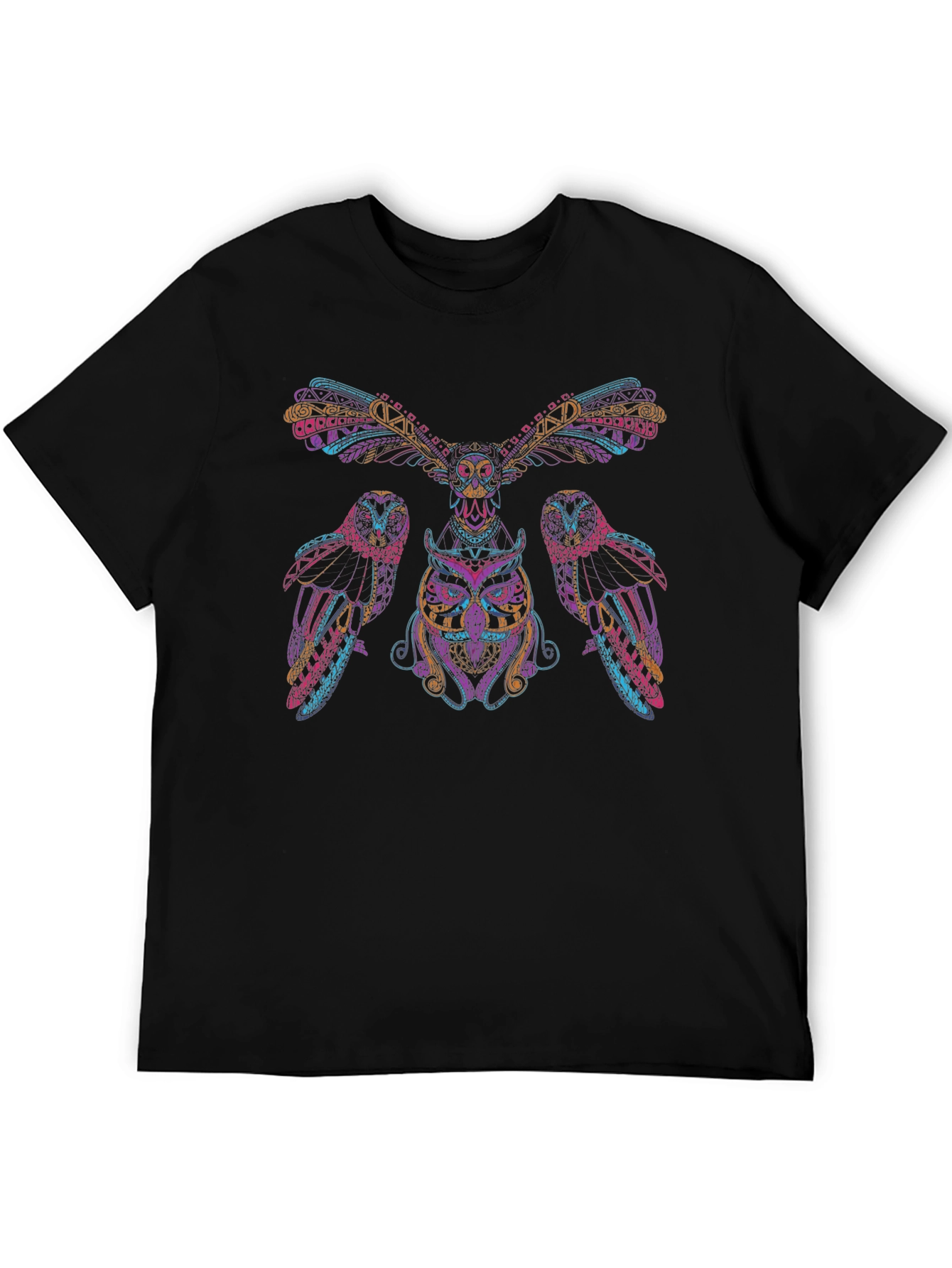 Vibrant Owl Graphic Print Black T-Shirt