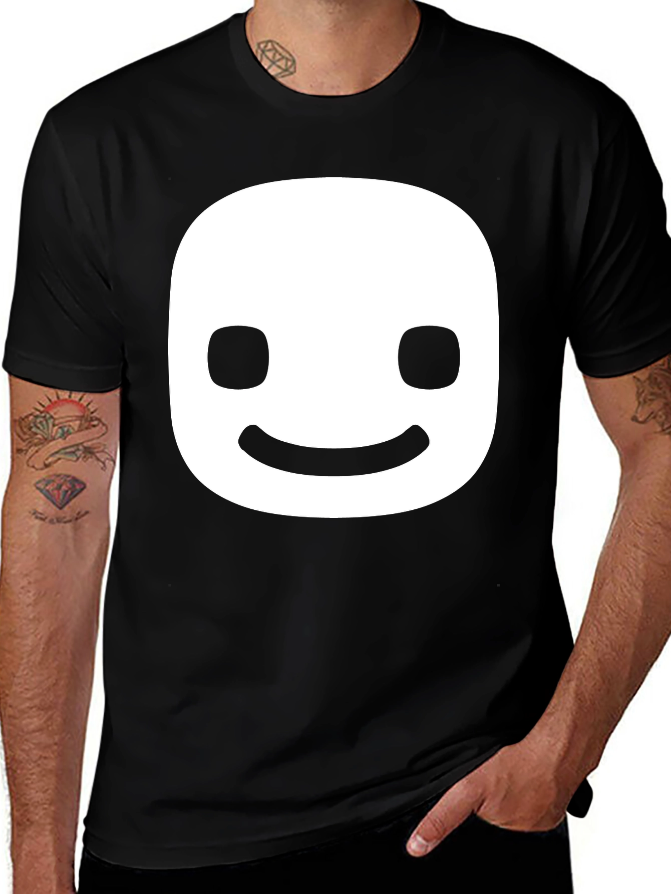 Smiling Face Graphic Tee - Black Cotton Blend