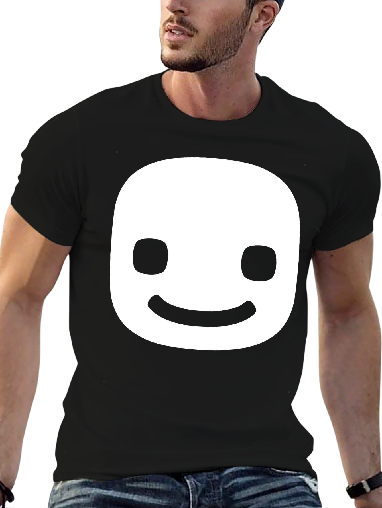 Smiling Face Graphic Tee - Black Cotton Blend