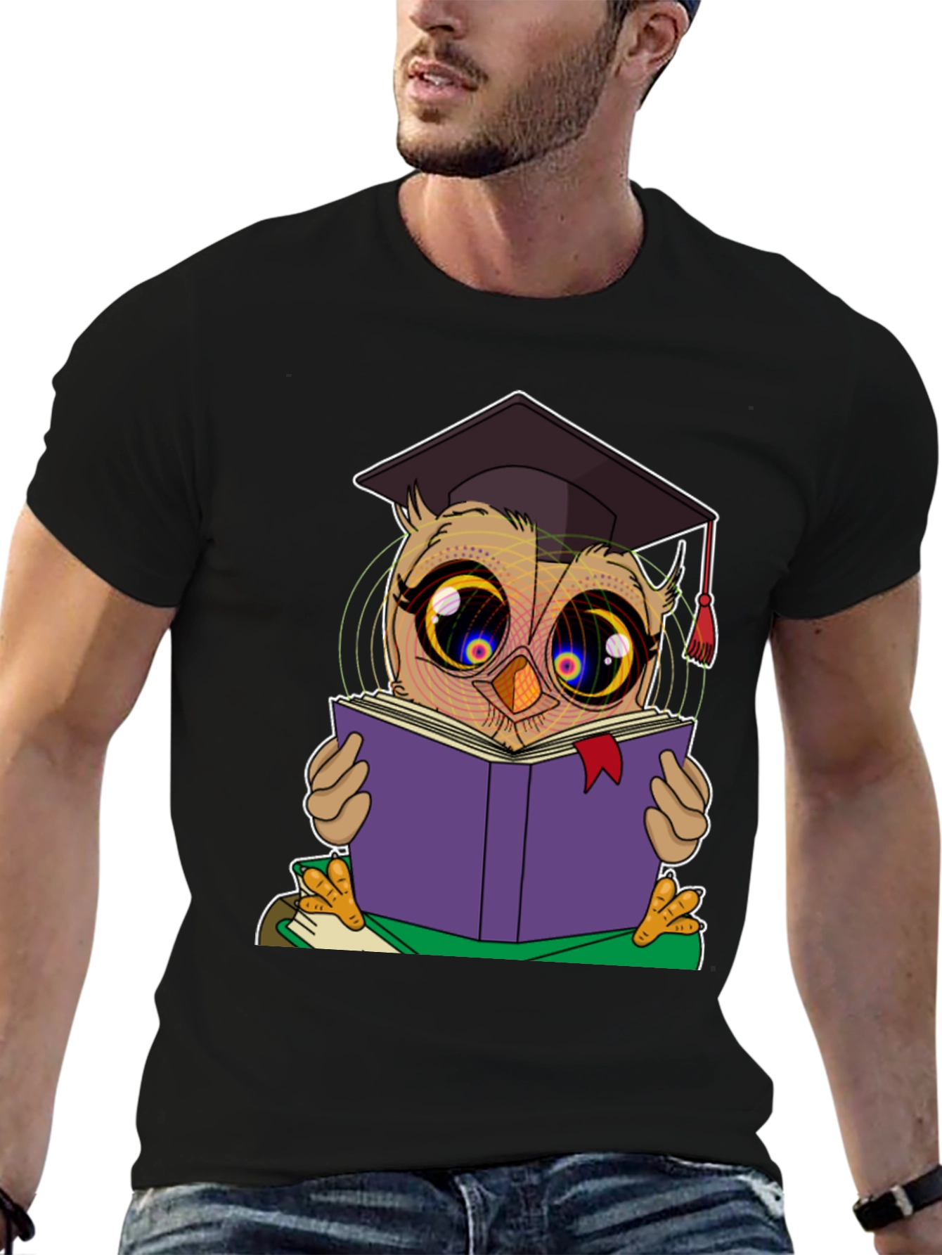 Graduation Owl Reading Book Black T-Shirt