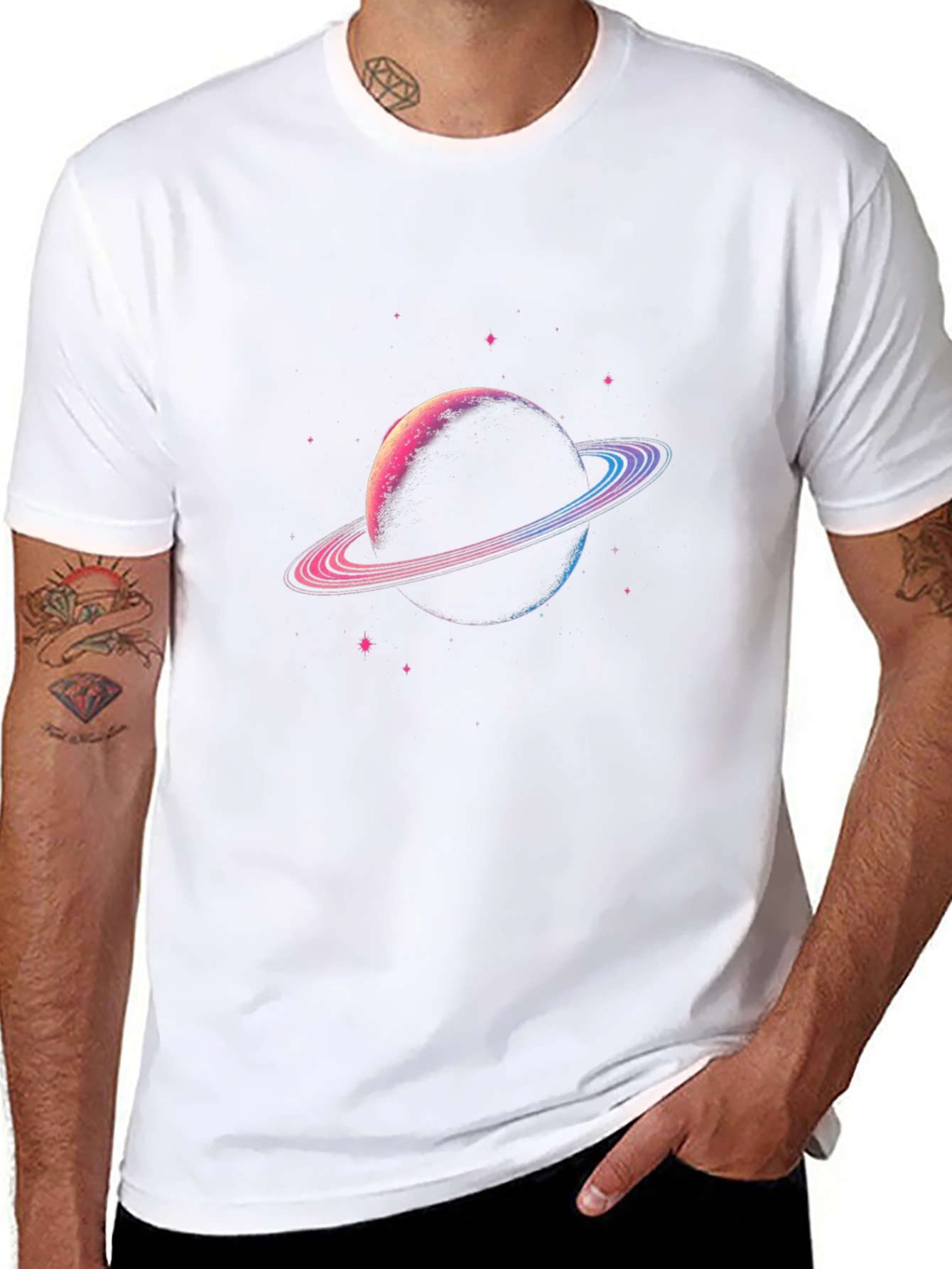 Planet Saturn Graphic T-Shirt - Black Cotton Blend