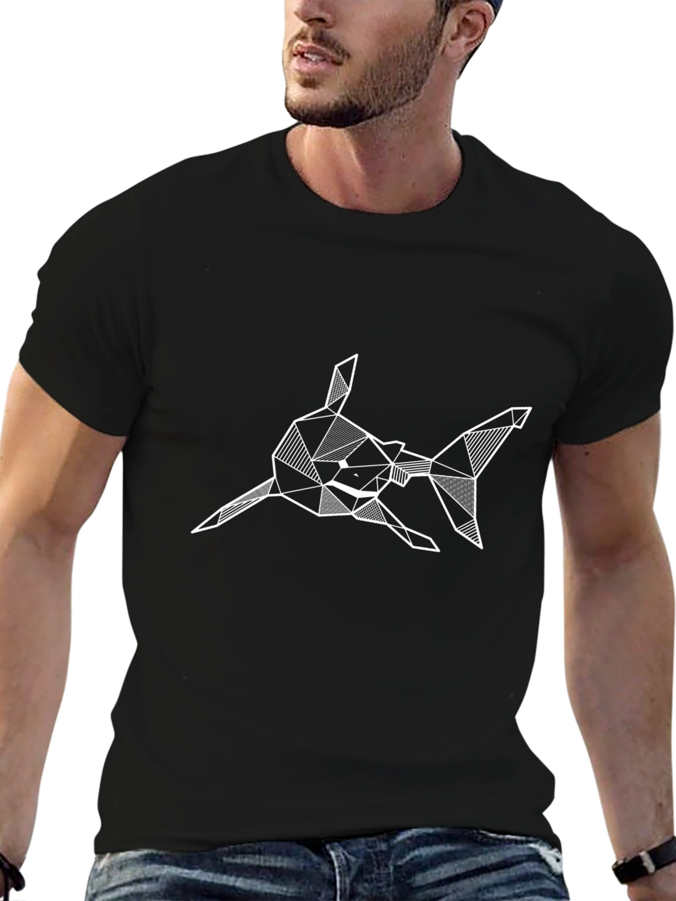 Geometric Shark Graphic Print Black T-Shirt