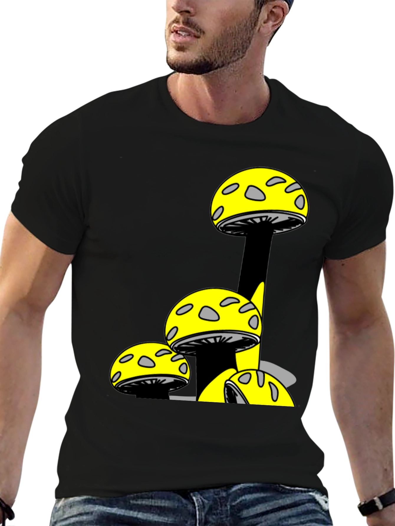 Mushroom Print Black T-Shirt - Fun Graphic Tee