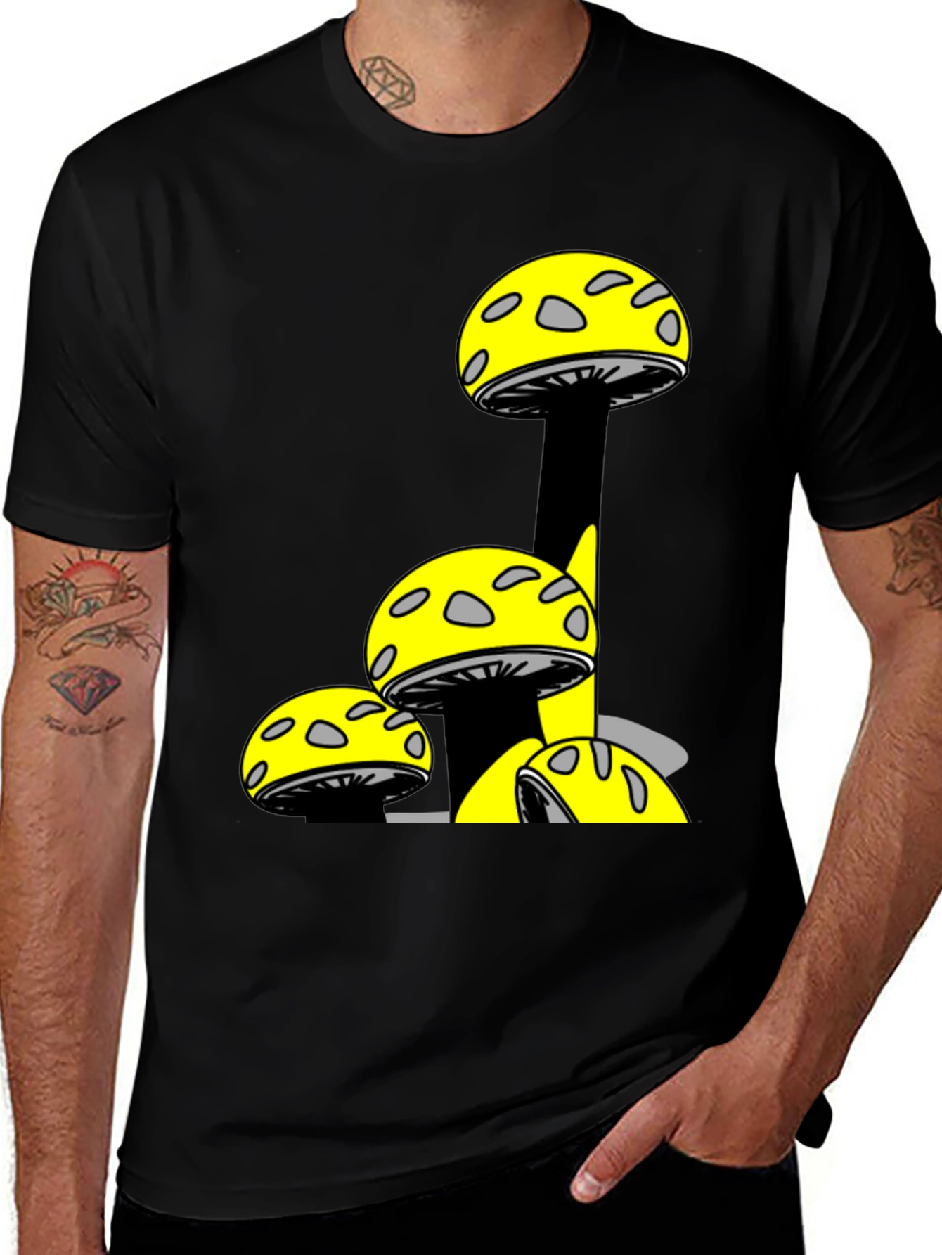 Mushroom Print Black T-Shirt - Fun Graphic Tee