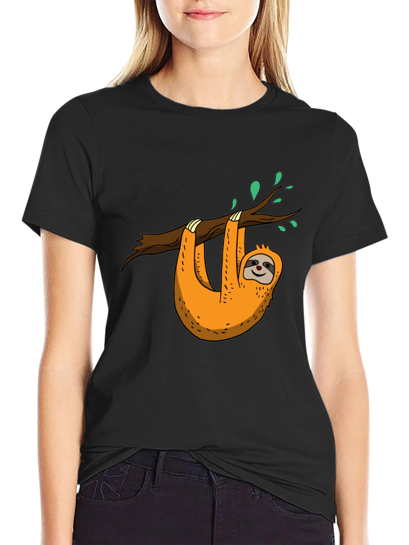 Sloth on Branch Graphic Black T-Shirt