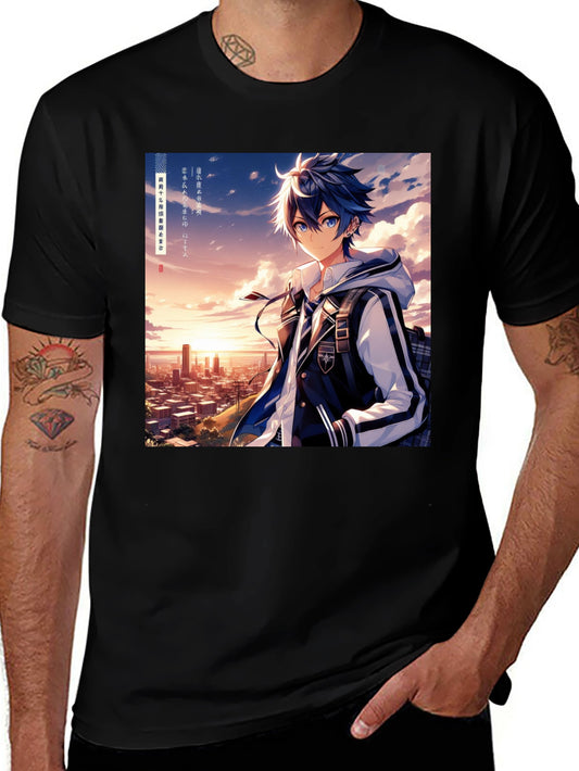 Anime Style Graphic Tee - Cityscape Anime Boy