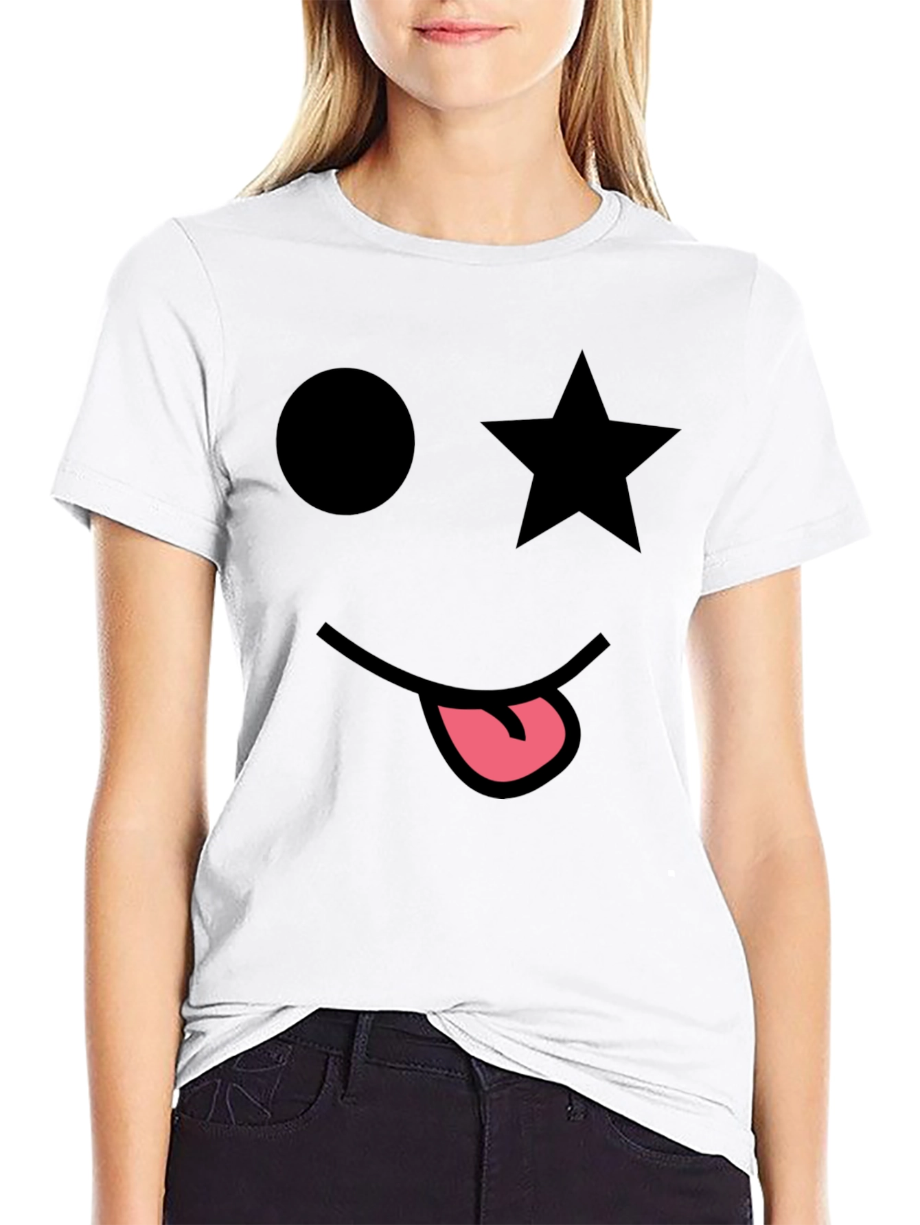 Whimsical Face Graphic Tee - Star Eye Black T-Shirt