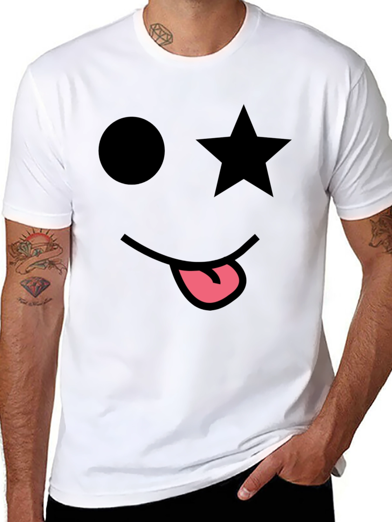 Whimsical Face Graphic Tee - Star Eye Black T-Shirt