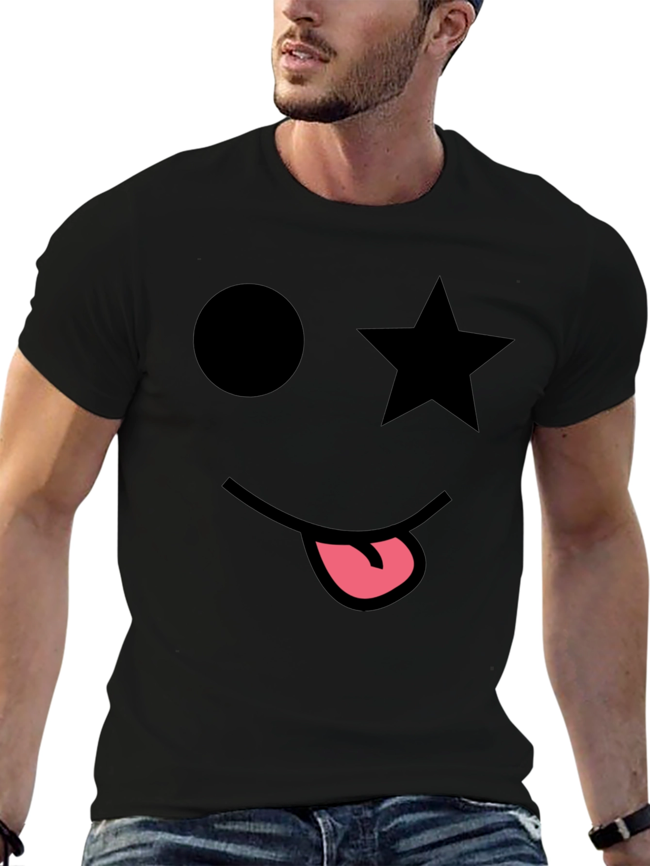 Whimsical Face Graphic Tee - Star Eye Black T-Shirt