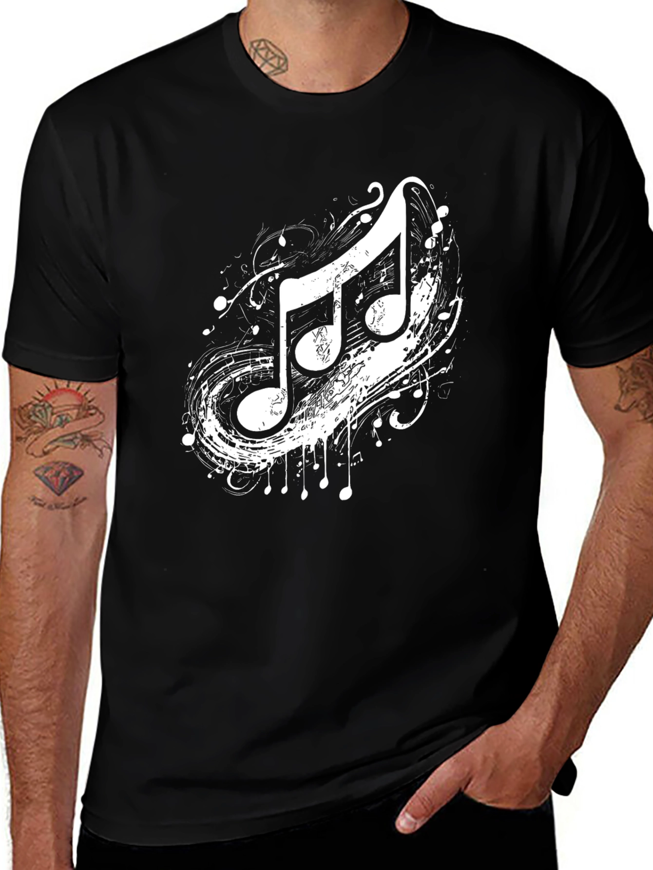 Music Notes Graphic Tee - Black Cotton T-Shirt