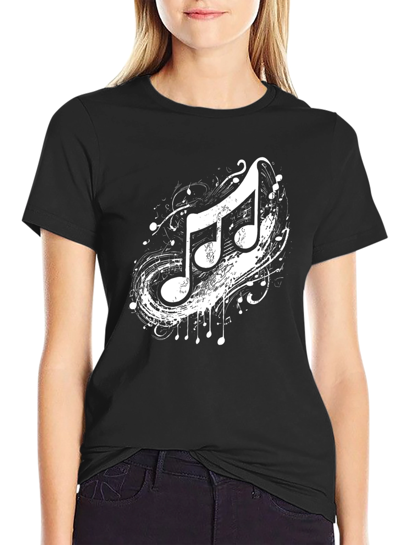 Music Notes Graphic Tee - Black Cotton T-Shirt