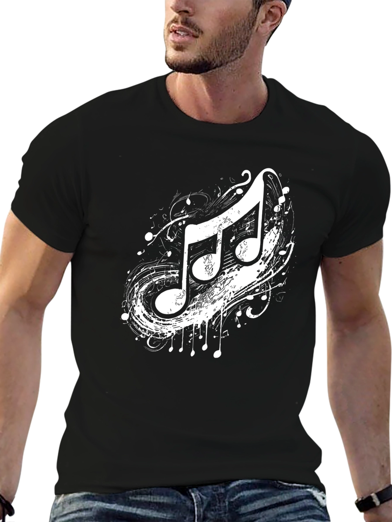 Music Notes Graphic Tee - Black Cotton T-Shirt