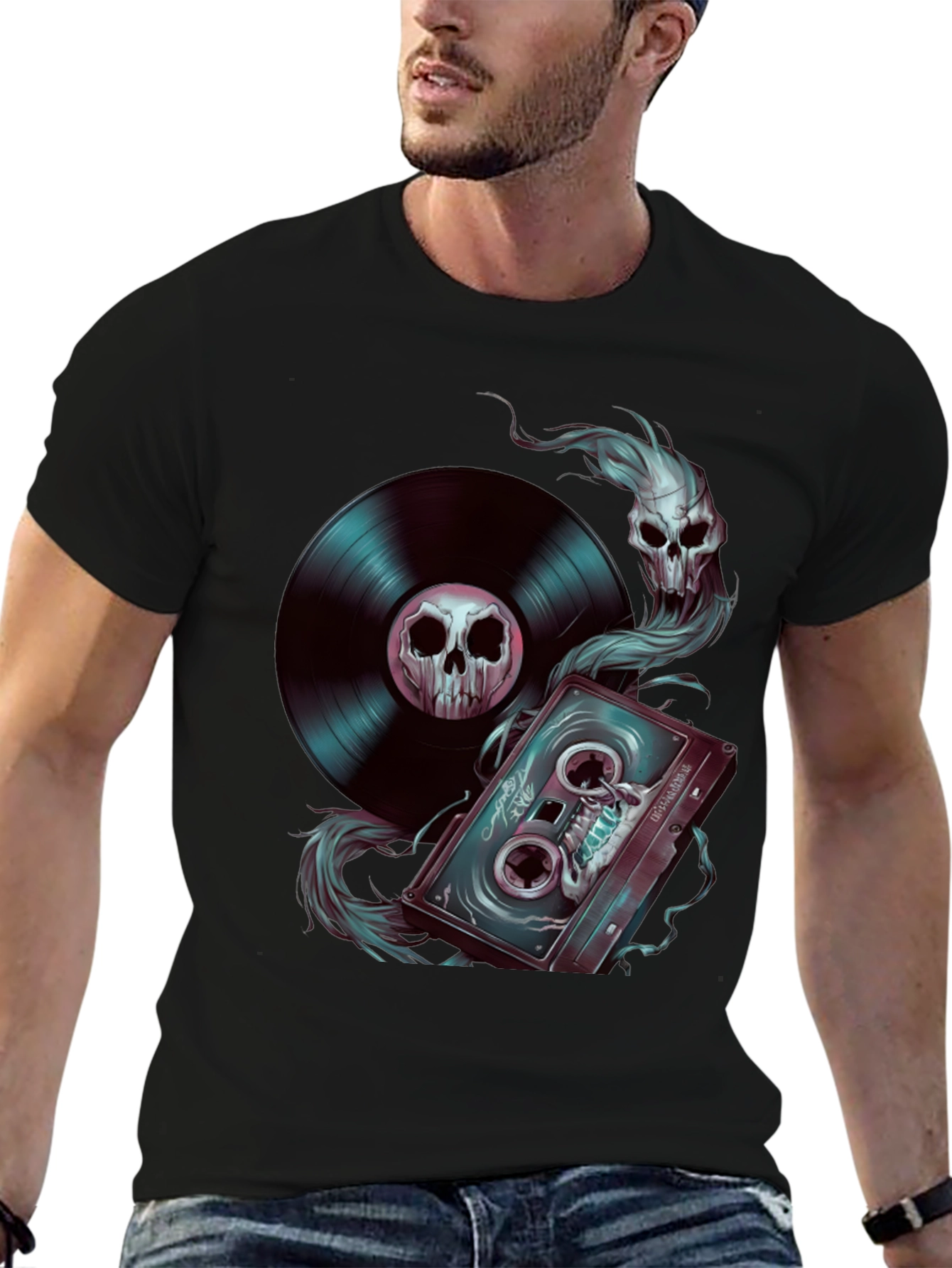 Skull Music T-Shirt: Vinyl & Cassette Tape Design