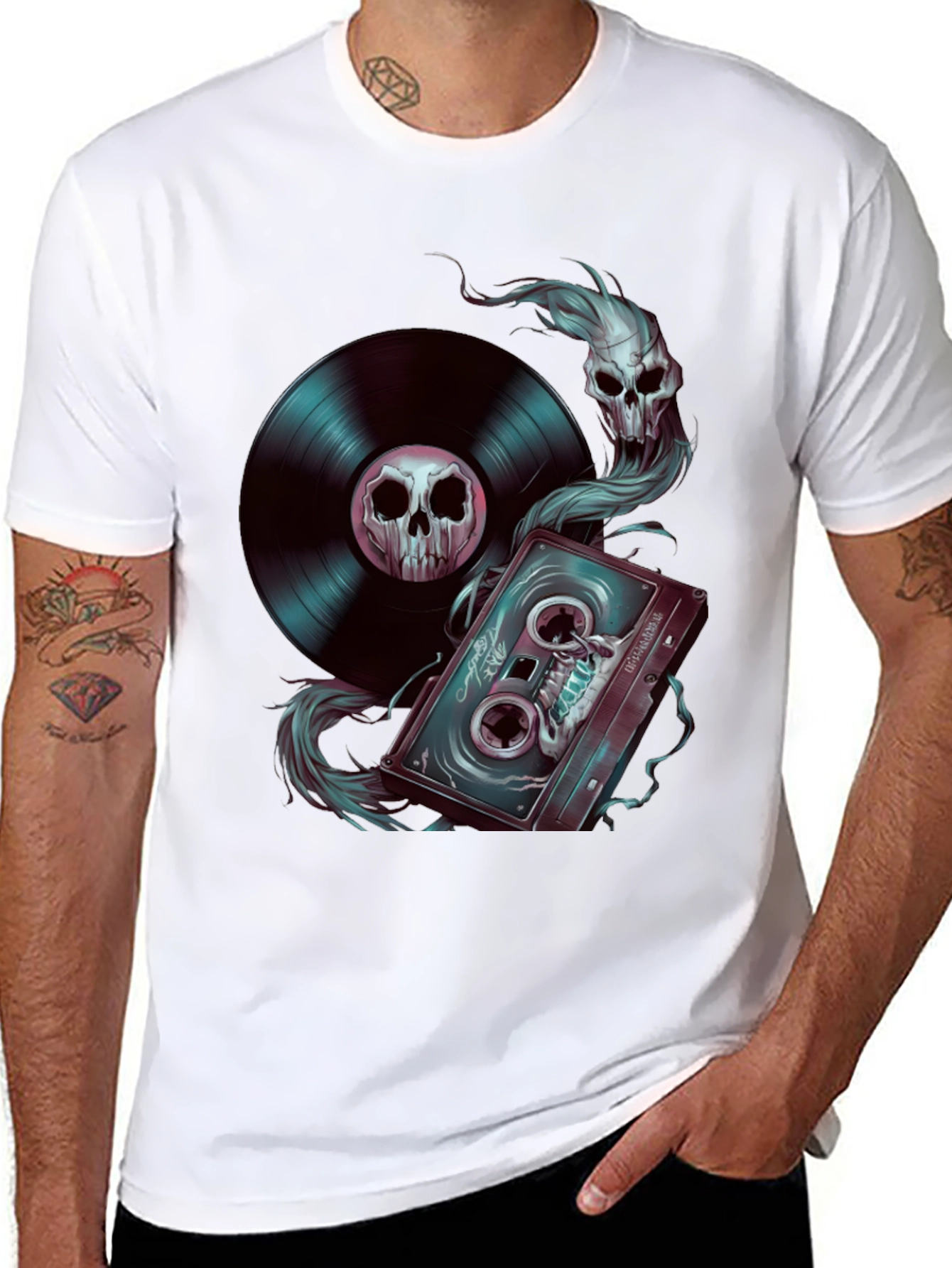 Skull Music T-Shirt: Vinyl & Cassette Tape Design