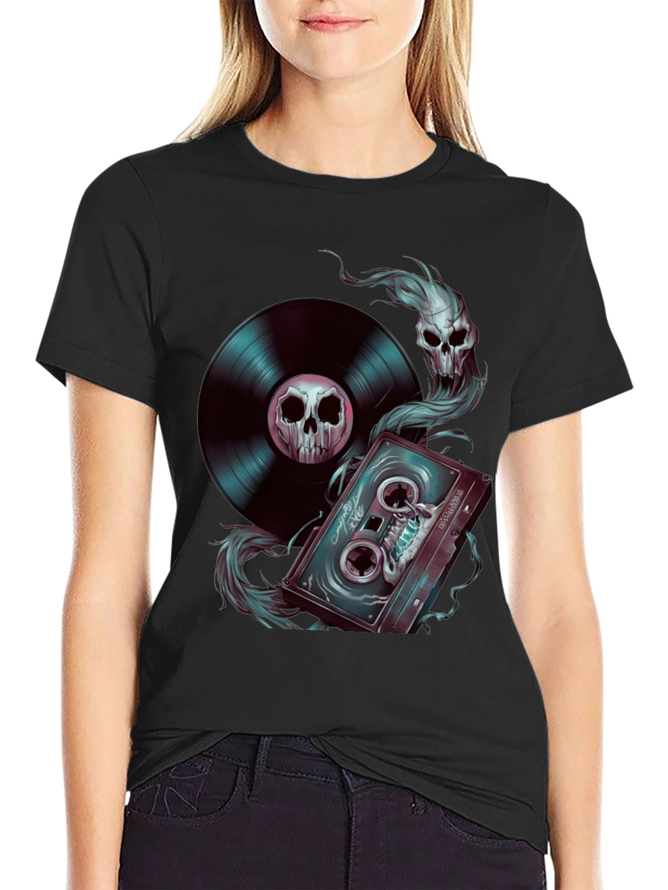 Skull Music T-Shirt: Vinyl & Cassette Tape Design