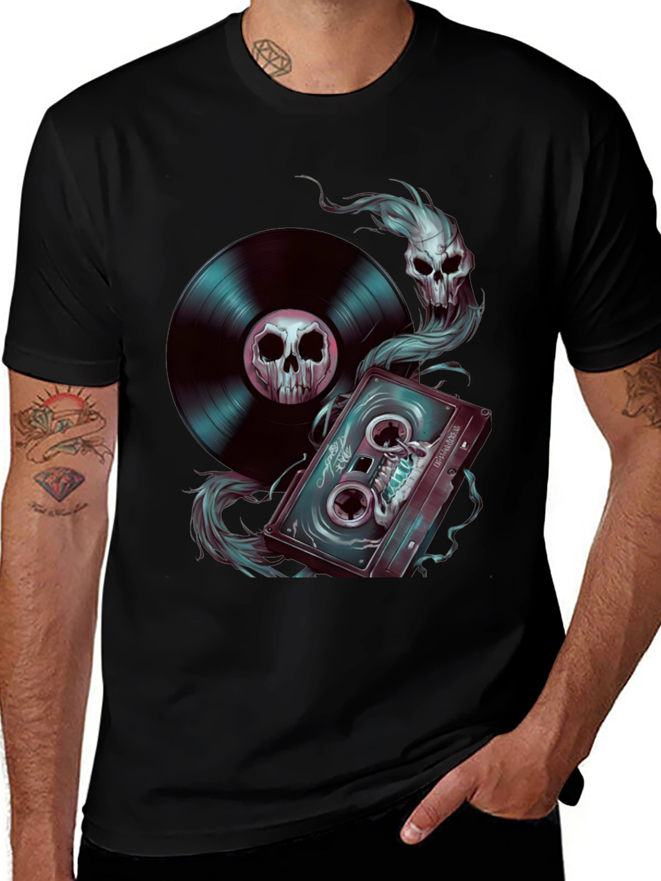 Skull Music T-Shirt: Vinyl & Cassette Tape Design