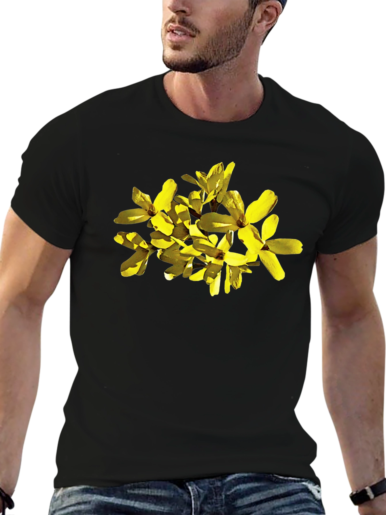 Forsythia Flower Graphic Black T-Shirt