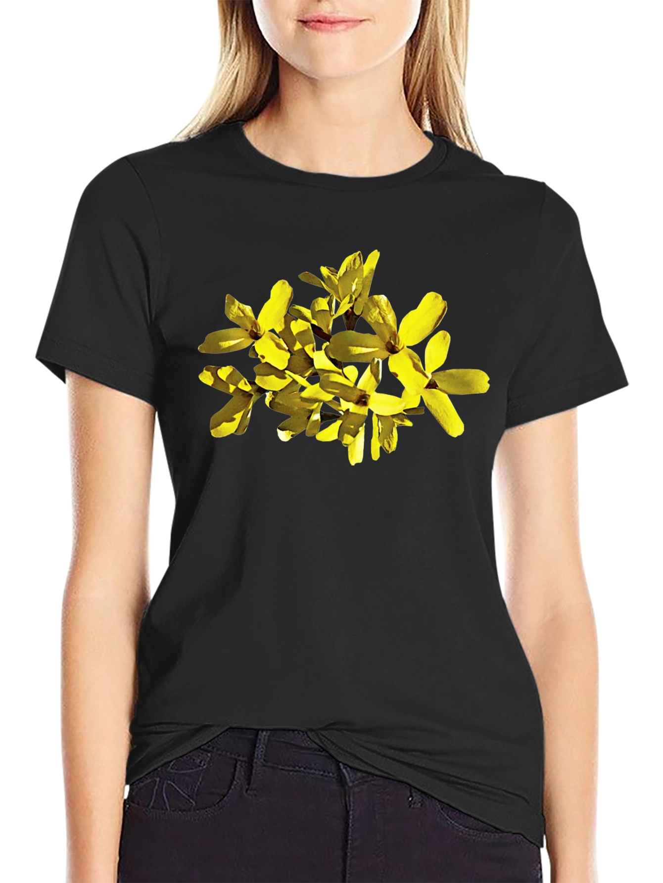 Forsythia Flower Graphic Black T-Shirt