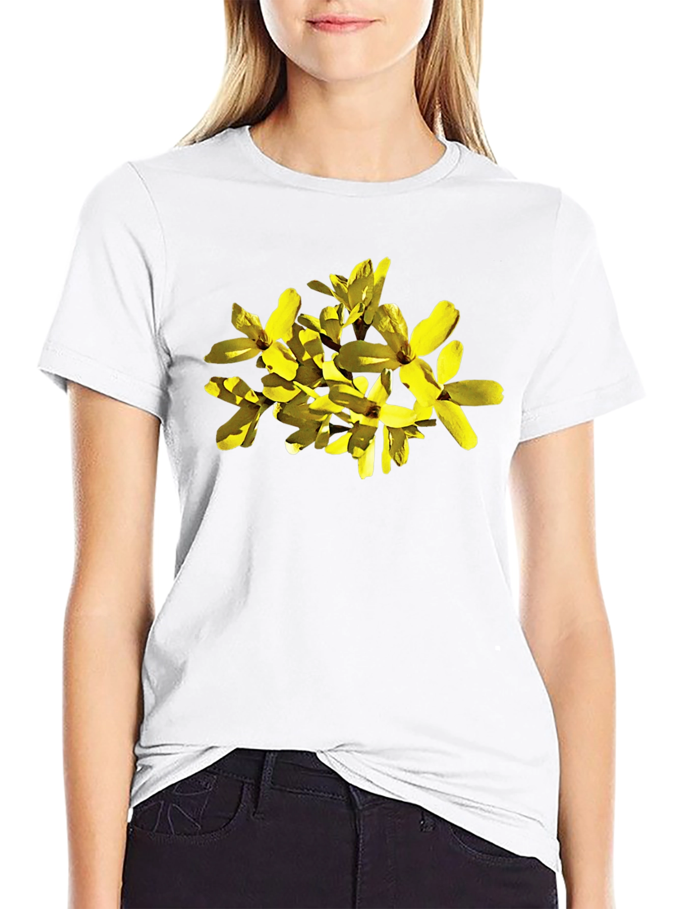 Forsythia Flower Graphic Black T-Shirt