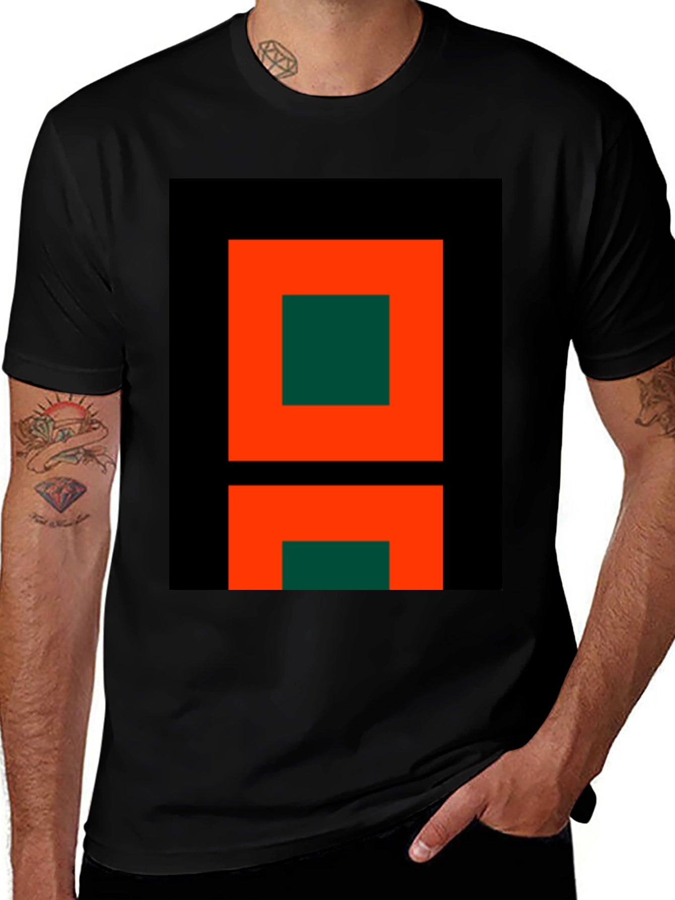 Geometric Black T-Shirt with Orange and Green Design