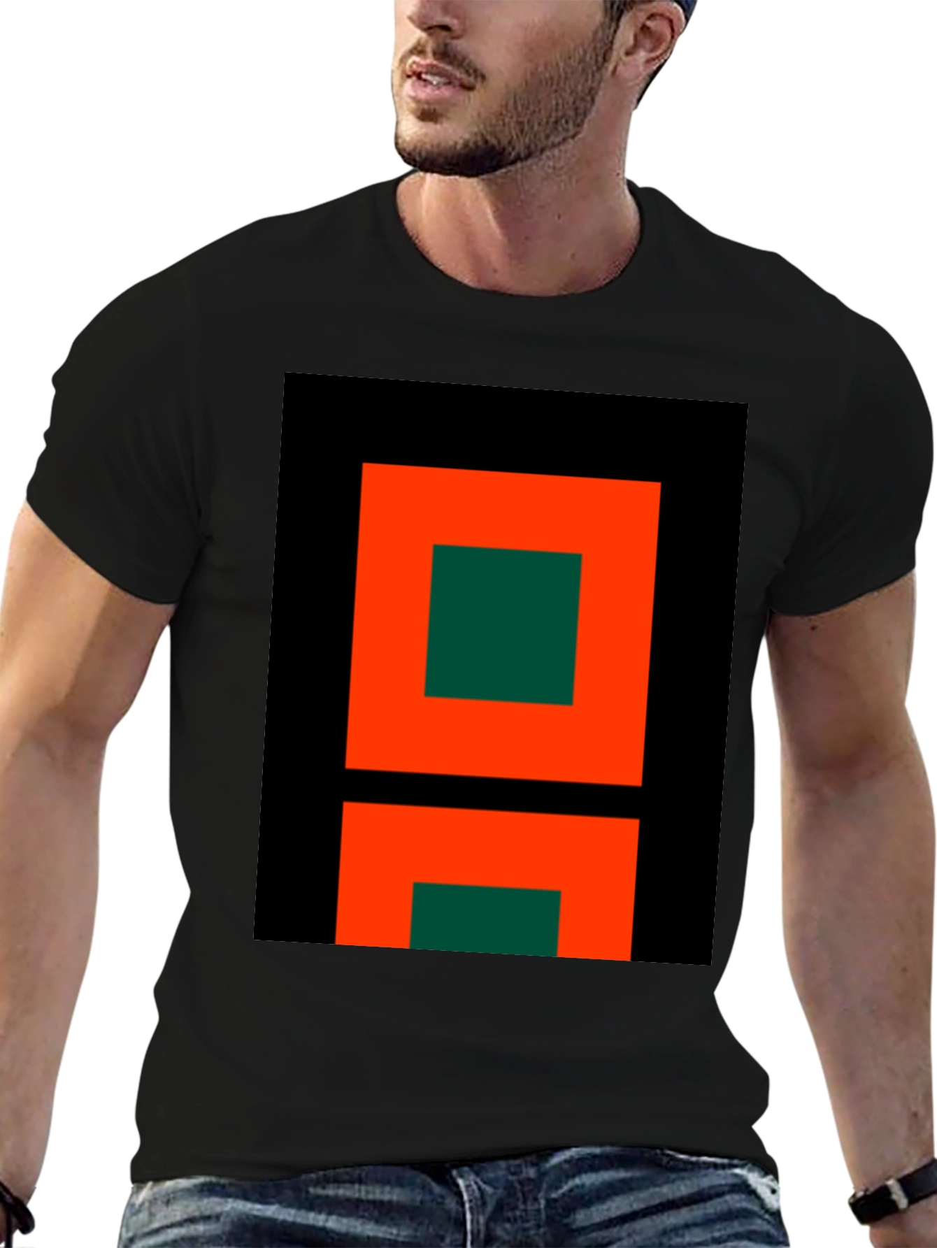 Geometric Black T-Shirt with Orange and Green Design