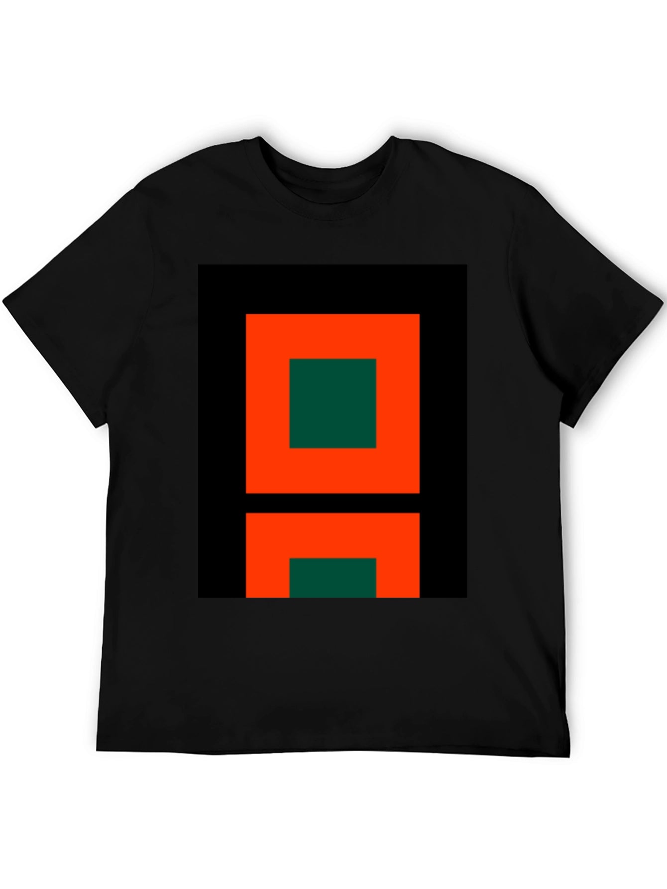 Geometric Black T-Shirt with Orange and Green Design
