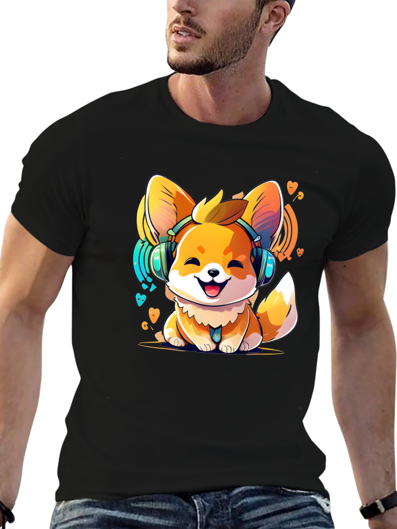 Cute Corgi DJ Black T-Shirt