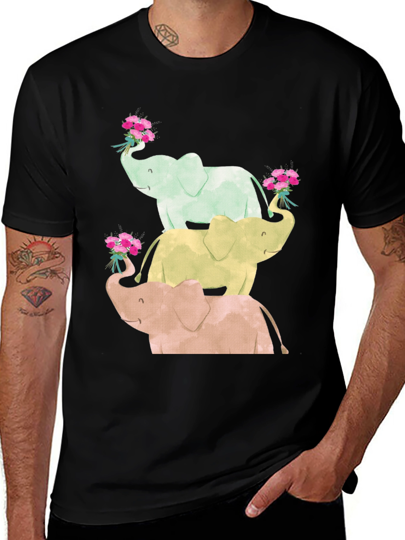 Elephant Flower Bouquet Black Tee