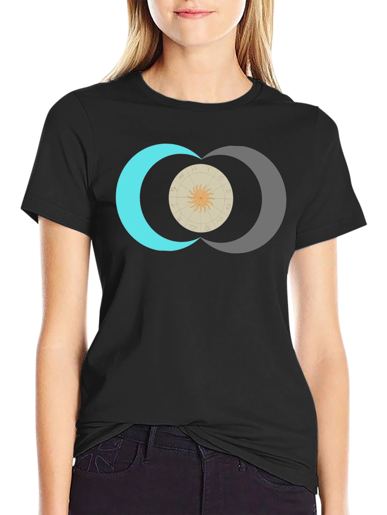 Celestial Sun & Moon Graphic Tee - Black