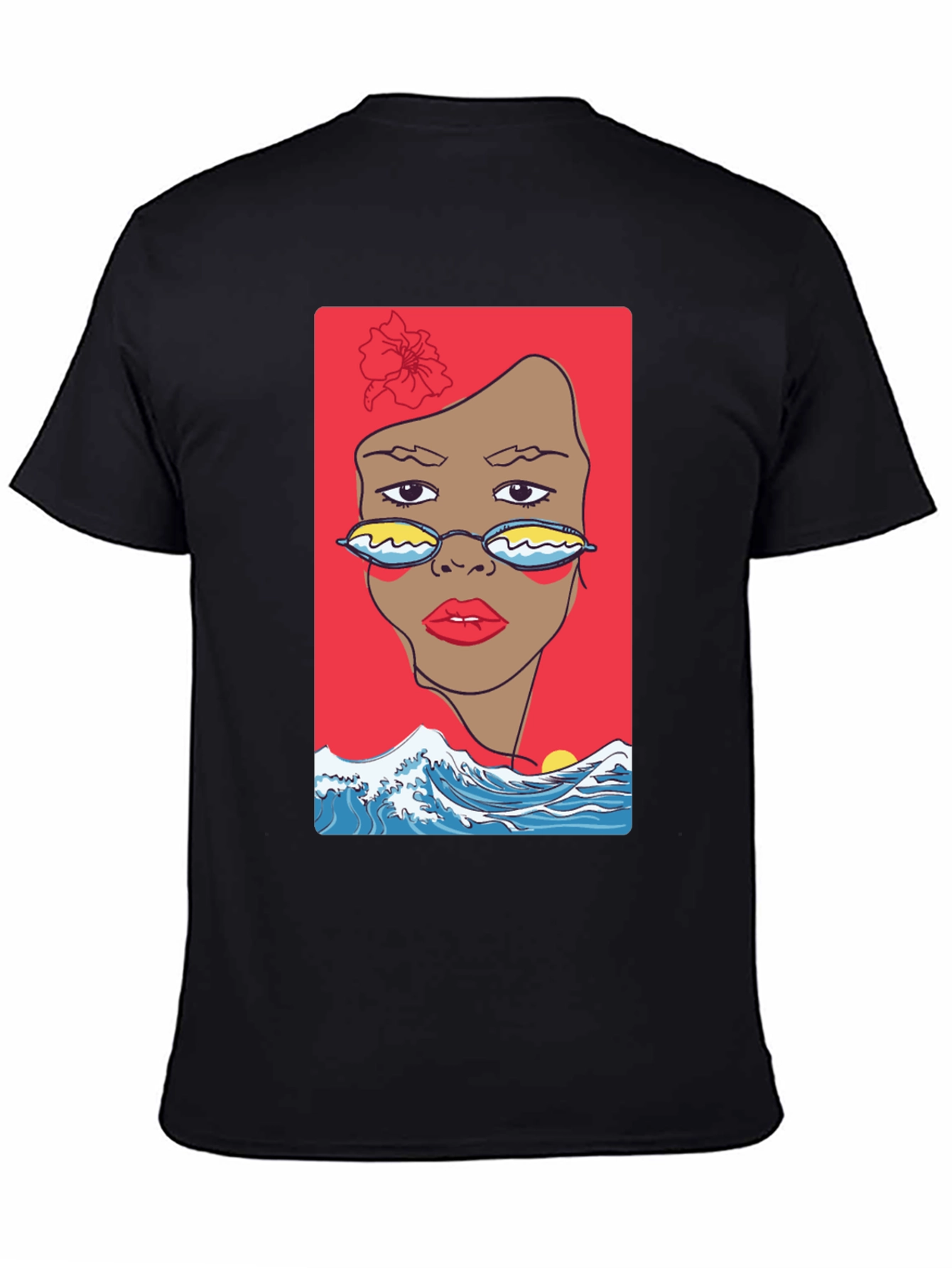 Black T-Shirt with Abstract Woman & Wave Design