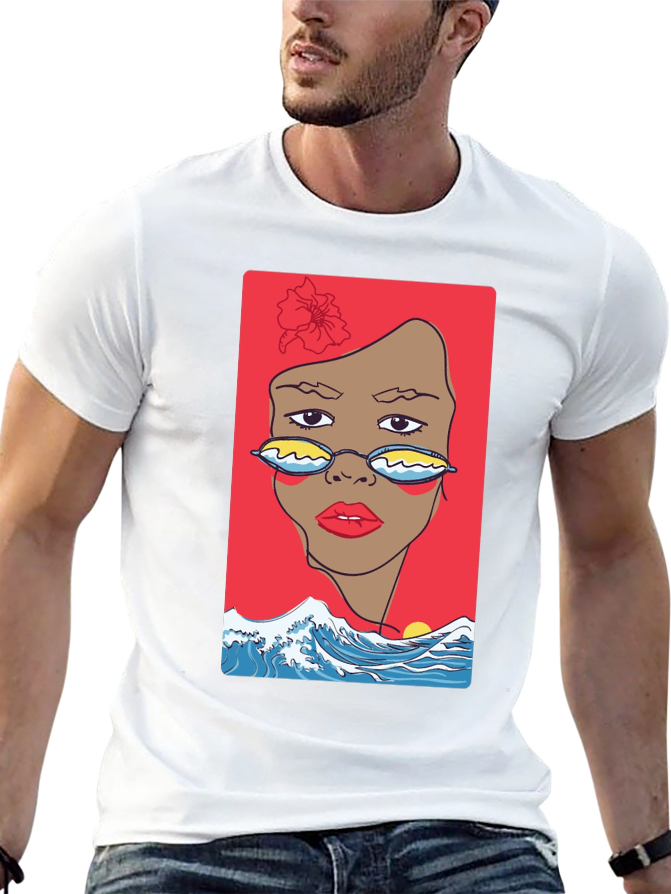 Black T-Shirt with Abstract Woman & Wave Design
