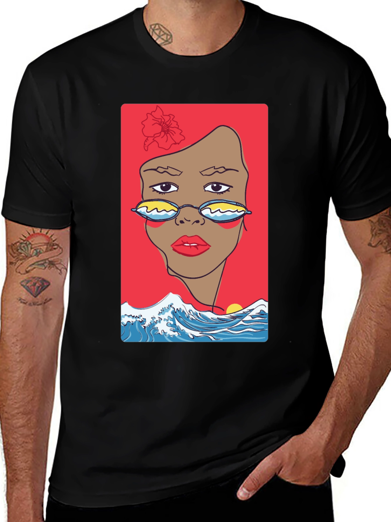 Black T-Shirt with Abstract Woman & Wave Design