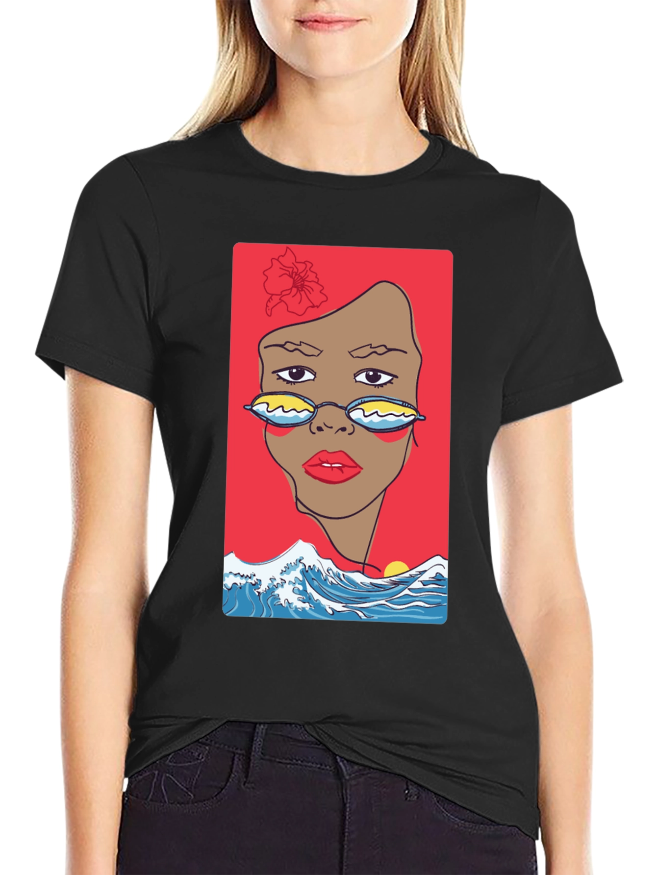 Black T-Shirt with Abstract Woman & Wave Design