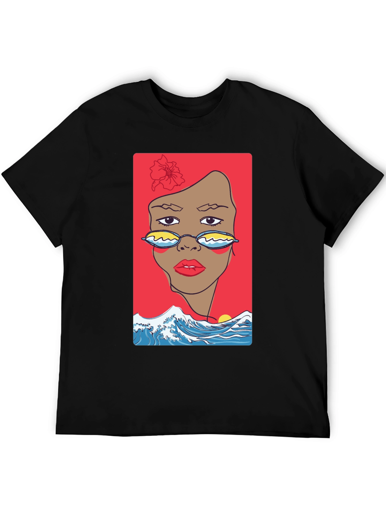 Black T-Shirt with Abstract Woman & Wave Design