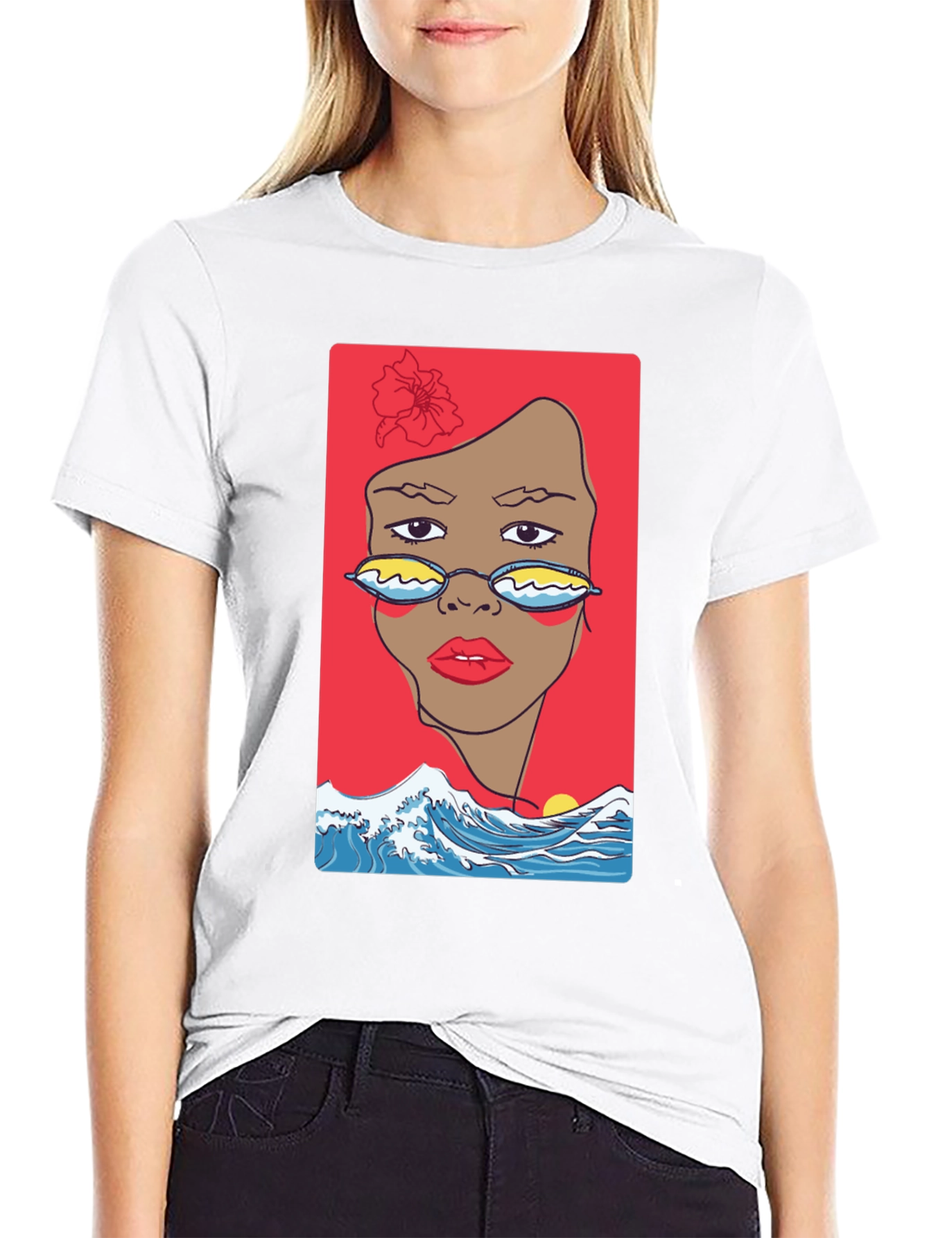 Black T-Shirt with Abstract Woman & Wave Design