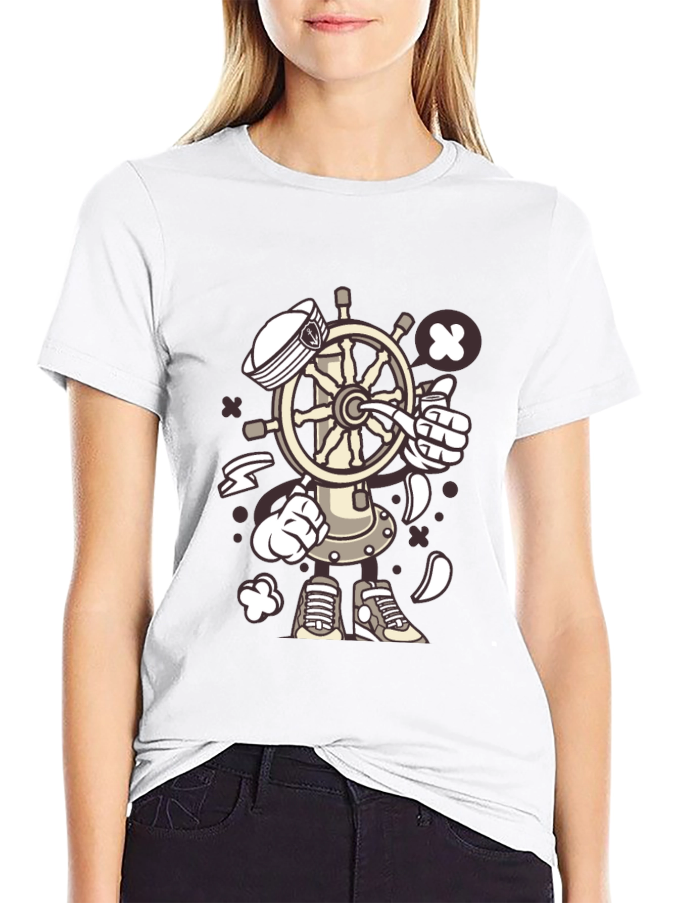 Nautical Cartooon Character Black T-Shirt