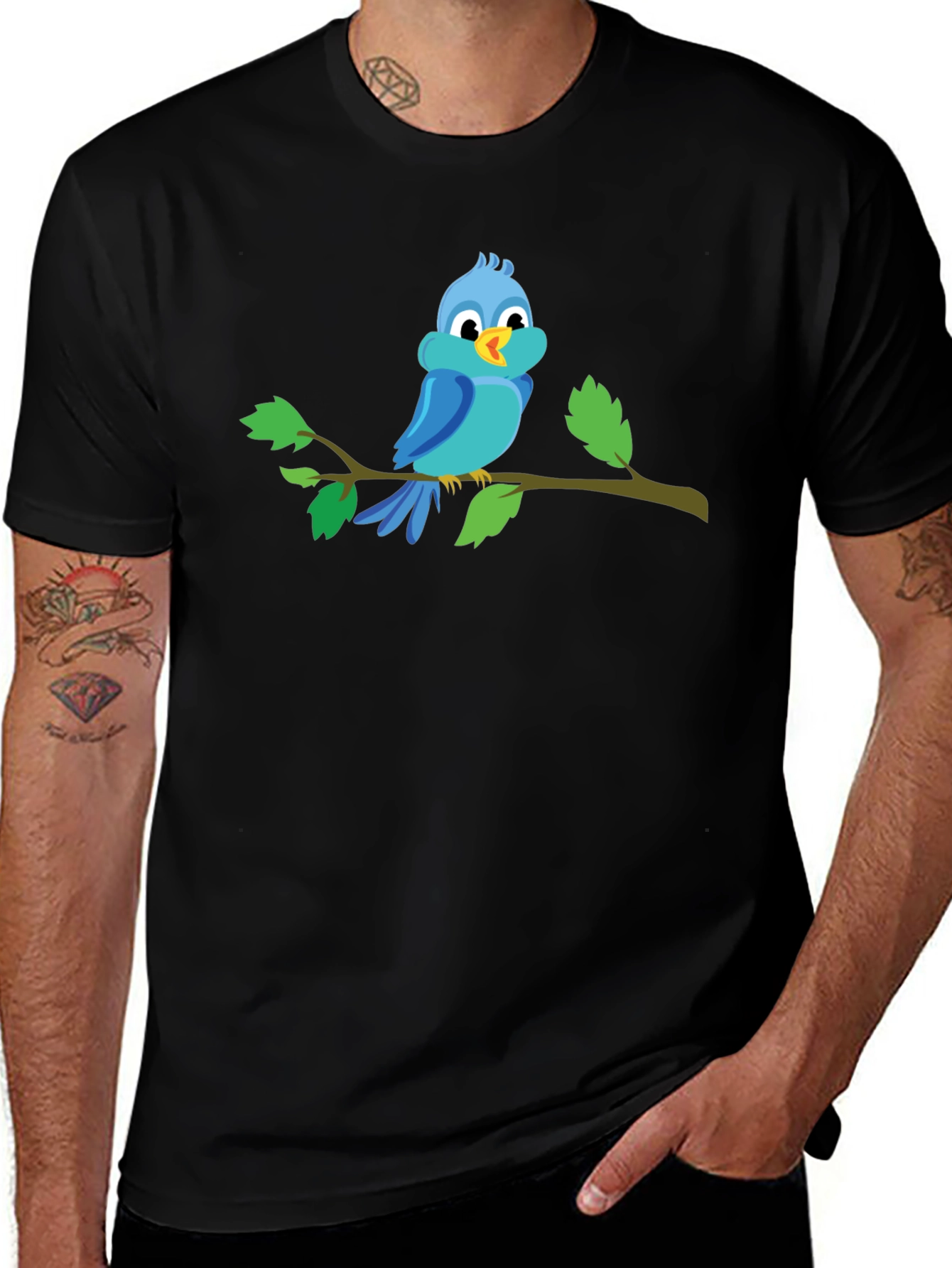 Cartoon Blue Bird Perched on Branch Graphic T-Shirt