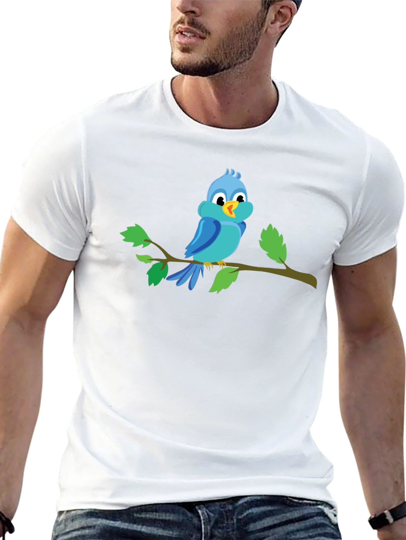 Cartoon Blue Bird Perched on Branch Graphic T-Shirt