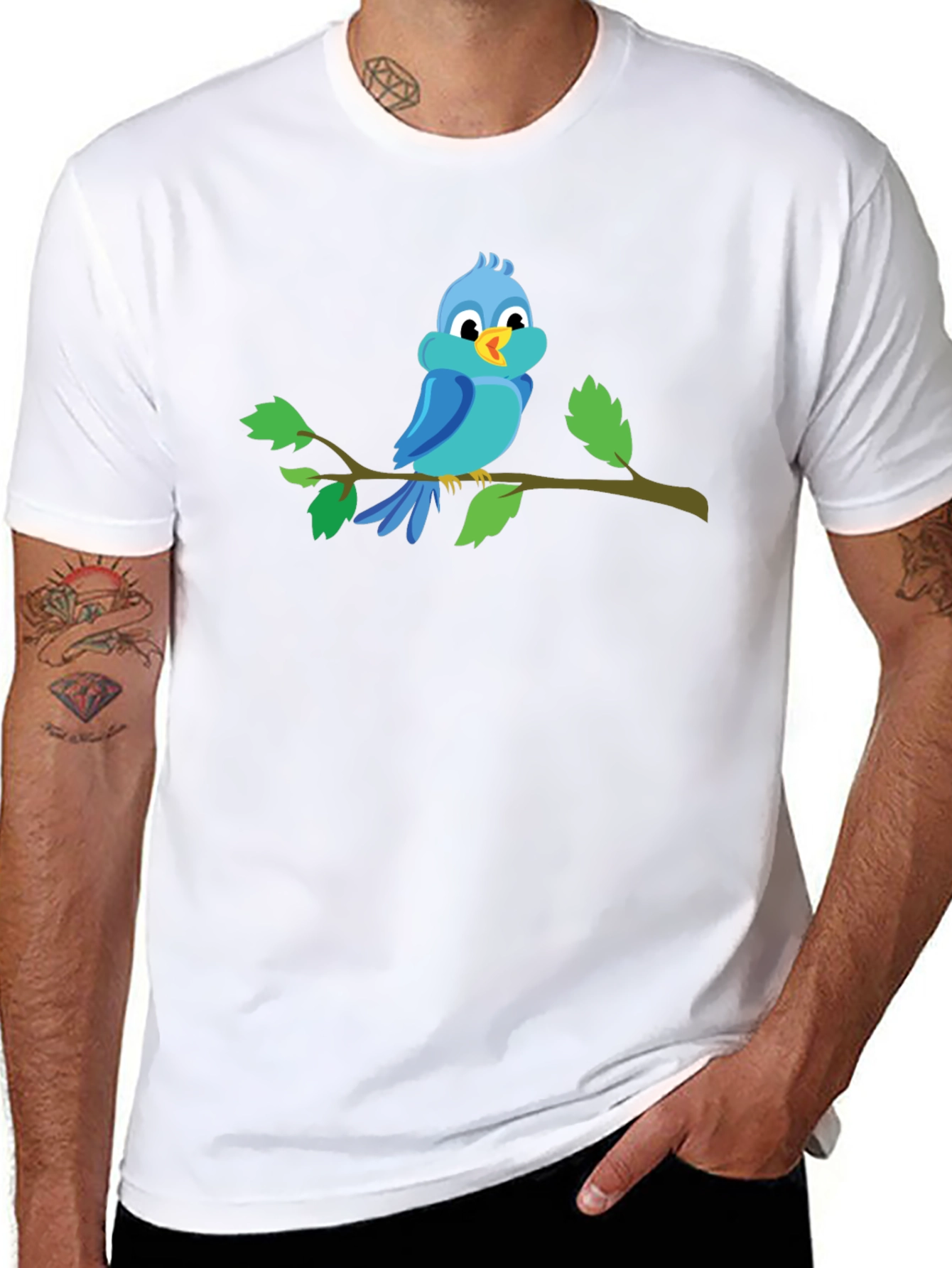 Cartoon Blue Bird Perched on Branch Graphic T-Shirt