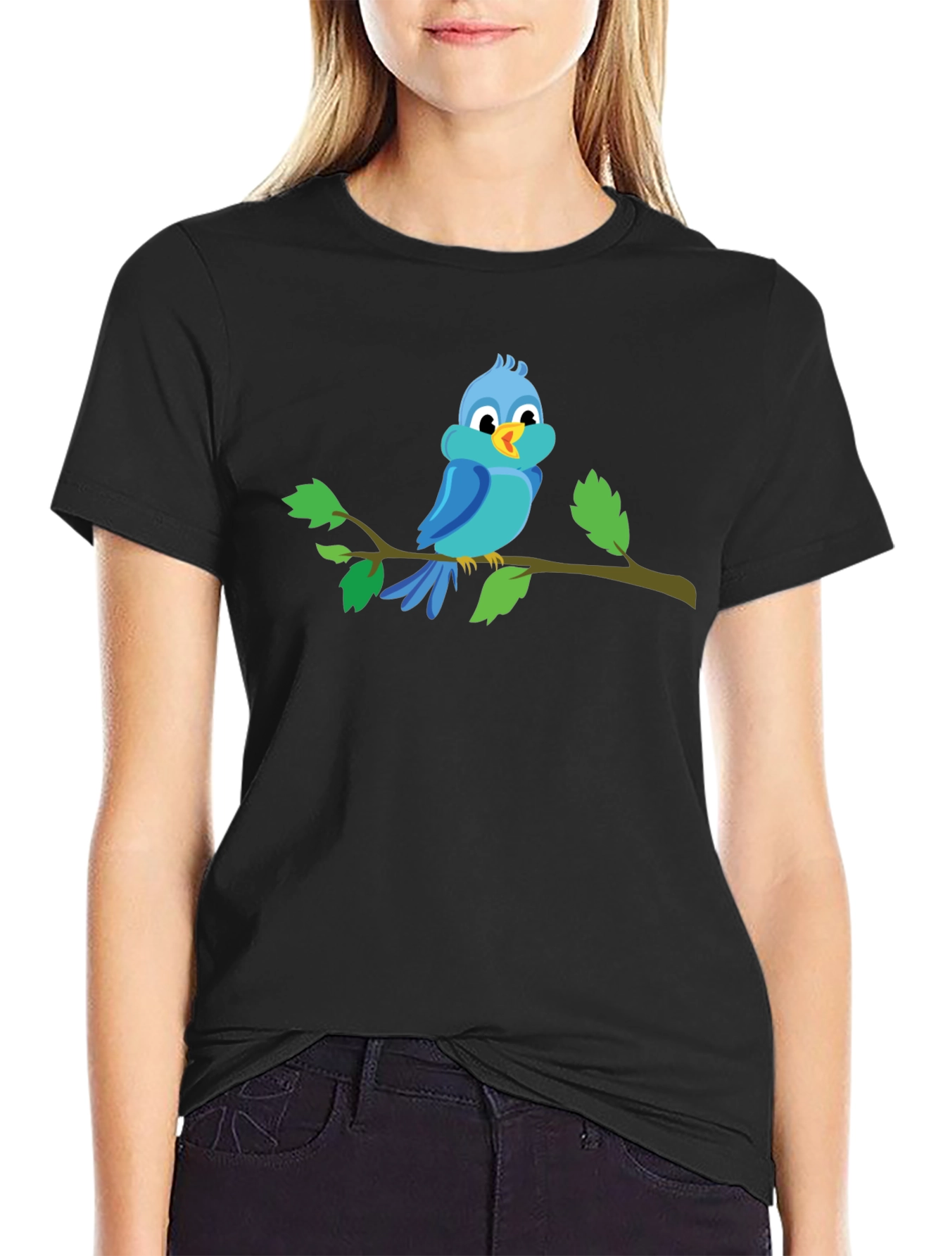 Cartoon Blue Bird Perched on Branch Graphic T-Shirt