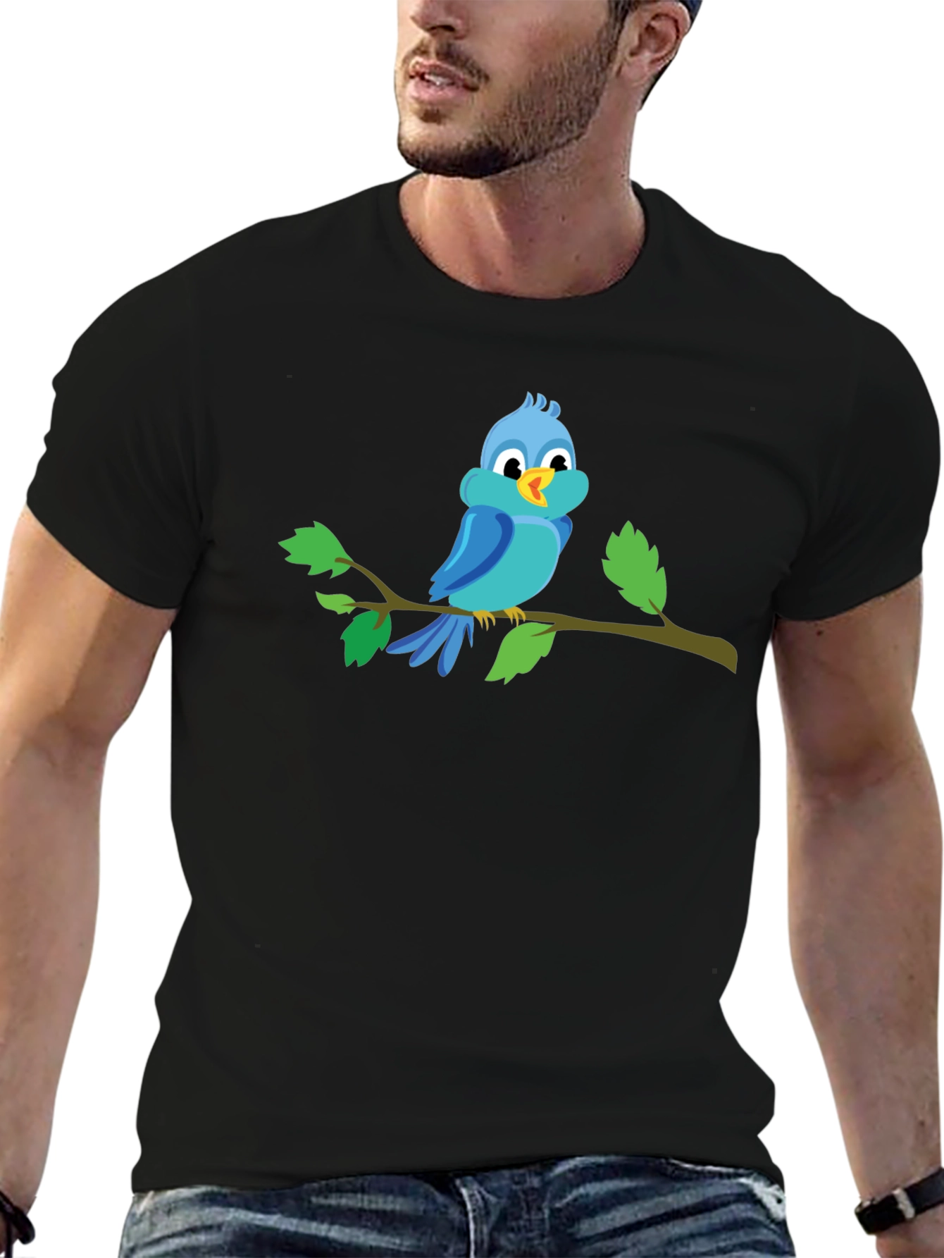 Cartoon Blue Bird Perched on Branch Graphic T-Shirt